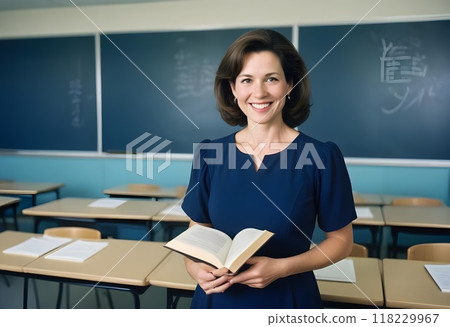A professional female teacher standing in the classroom holding a book Generated by AI 118229967