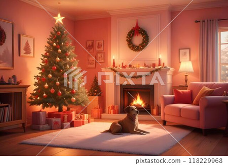Cozy Holiday Living Room with Festive Decorations Generated by AI 118229968