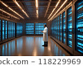 Scientist Contemplating Data Servers in a Modern Facility Generated by AI 118229969