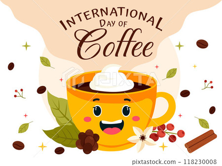 International Coffee Day Vector Illustration on 1st October, Featuring Aromatic Coffee and Relaxing Drink with a Brown Background in a Cute Cartoon 118230008