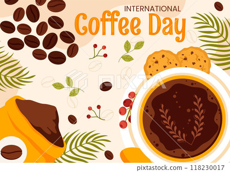 International Coffee Day Vector Illustration on 1st October, Featuring Aromatic Coffee and Relaxing Drink with a Brown Background in a Cute Cartoon 118230017