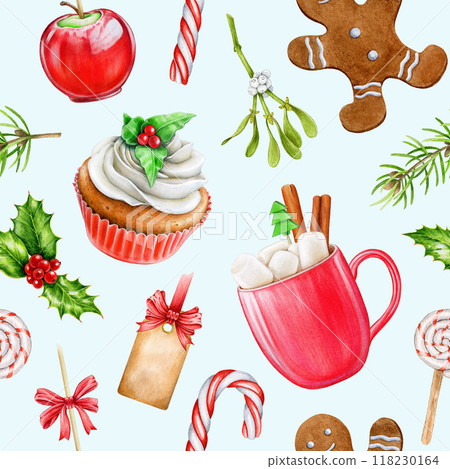 Traditional Christmas treats seamless pattern decor element. Watercolor vintage style illustration. Hand drawn traditional winter dessert cupcake, gingerbread man cookie, candy cane and hot chocolate 118230164