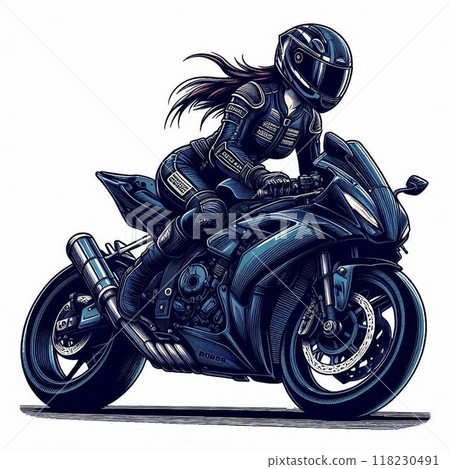 Cool female rider on a motorcycle 118230491