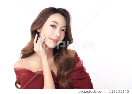 Beautiful young asian woman with clean fresh skin on white background, Face care, Facial treatment, Cosmetology, beauty and spa, Asian women portrait. Beautiful young asian woman with clean fresh skin on white background, Face care, Facial treatment, Cosmetology, beauty and spa, Asian women portrait. 118231340