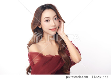Beautiful young asian woman with clean fresh skin on white background, Face care, Facial treatment, Cosmetology, beauty and spa, Asian women portrait. Beautiful young asian woman with clean fresh skin on white background, Face care, Facial treatment, Cosmetology, beauty and spa, Asian women portrait. 118231344