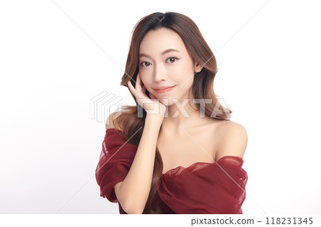 Beautiful young asian woman with clean fresh skin on white background, Face care, Facial treatment, Cosmetology, beauty and spa, Asian women portrait. Beautiful young asian woman with clean fresh skin on white background, Face care, Facial treatment, Cosmetology, beauty and spa, Asian women portrait. 118231345