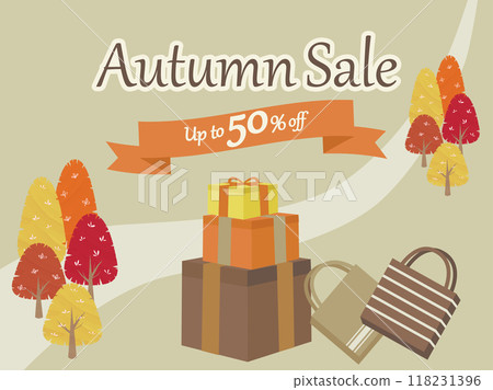 秋季銷售、森林中的秋葉和購物袋插圖 118231396