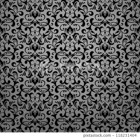 Wallpaper in the style of Baroque. Seamless vector background. Gray and black floral ornament. Graphic pattern for fabric, wallpaper, packaging. Ornate Damask flower ornament 118231404