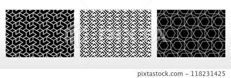 Geometric set of seamless black and white patterns. Simple vector graphics. Geometric set of seamless black and white patterns. Simple vector graphics. 118231425