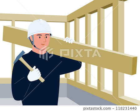 建築工地的向量圖，木匠拿著錘子搬運木材 118231440