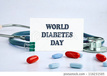 WORLD DIABETES DAY written on a white business card on a light background 118231585