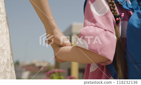 Mother leads little child kid daughter, holding hand, with backpack school, girl holding hand parent, mother, happy family, supportive motherhood, childhood development, nurturing support, childhood 118232136