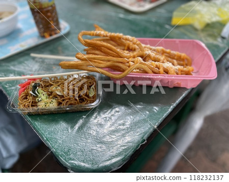 Fried noodles and French fries Fried noodles and French fries 118232137
