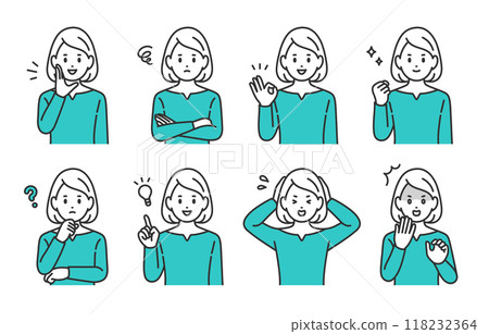 一組表情各異、姿勢各異的年輕女性【人物向量圖素材】 118232364