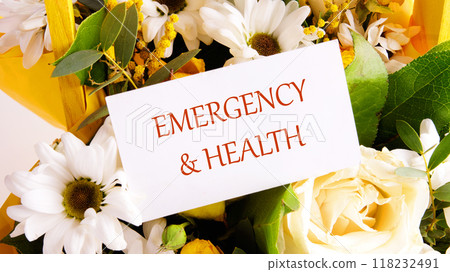 EMERGENCY and HEALTH written on a white business card, close-up on a background of flowers EMERGENCY and HEALTH written on a white business card, close-up on a background of flowers 118232491