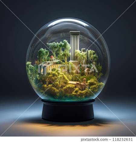Glass light bulb with miniature village glowing inside on grey background 118232631