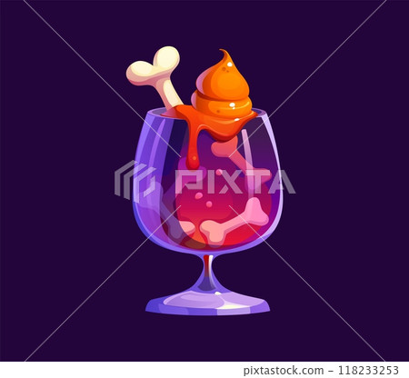 Halloween cocktail drink potion with bones for horror night holiday, cartoon vector. Halloween trick or treat party monster cocktail or spooky drink with dead skeleton bones and pumpkin orange slime 118233253