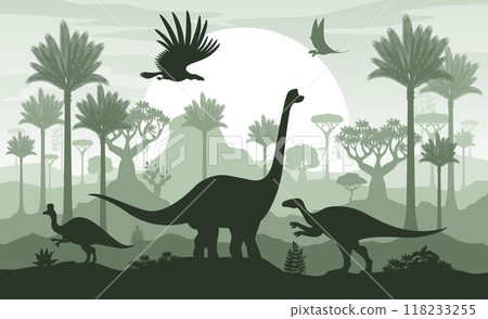 Prehistoric dinosaur silhouettes. Vector shadow scene of jurassic landscape, dino animals and ancient flora with palm trees and ferns under a large sunset sun, monochromatic background in green colors 118233255
