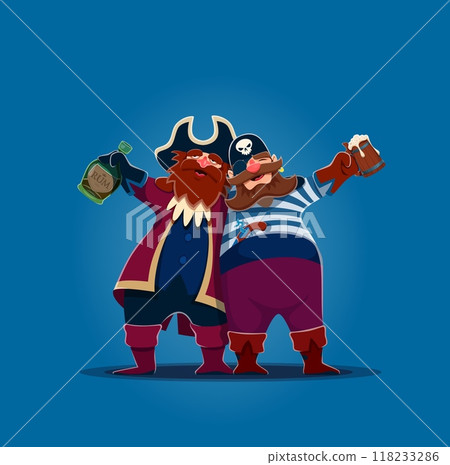 Two cartoon old pirates or corsairs, drunk characters with rum bottles, vector personages. Pirate sailors hugging drunk or boatswain corsair and filibuster men in tricorne hat with eyepatch and skull 118233286