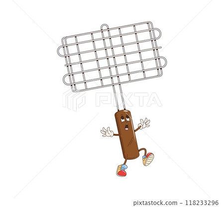 Grill rack bbq barbeque cartoon groovy character. Isolated vector grill basket tool personage with wooden handle, featuring expressive eyes, gloves and sneakers, ready for barbecue cooking party 118233296