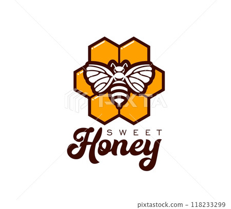 Honey icon of bee for beekeeping apiary product package label, vector symbol. Honeybee on honeycomb icon for beekeeper farm and bee apiary food label or food package tag and company sign 118233299