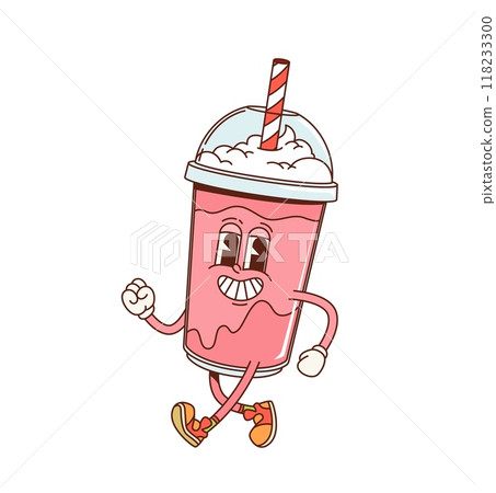 Retro groovy strawberry milkshake dessert character with a red straw. Isolated cartoon vector Cheerful cup personage with a dome lid and whipped cream wearing sneakers, and running with a big smile 118233300
