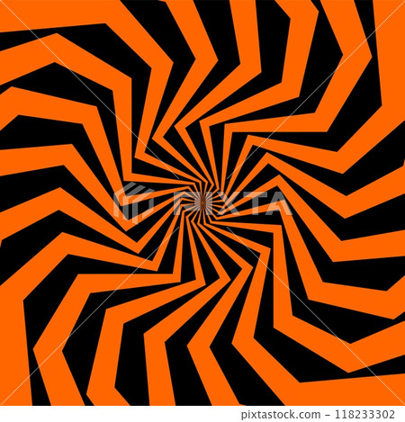 Psychedelic Halloween spiral pattern in vibrant black and orange colors. Bold vector swirl, intense, dynamic spooky and trippy motion optical illusion effect with twisting lines and geometric shapes Psychedelic Halloween spiral pattern in vibrant black and orange colors. Bold vector swirl, intense, dynamic spooky and trippy motion optical illusion effect with twisting lines and geometric shapes 118233302