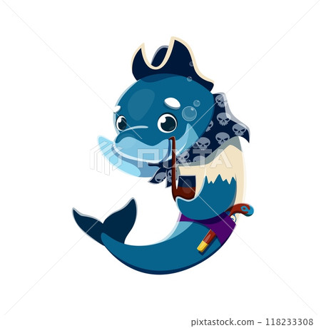 Cartoon dolphin animal pirate or corsair character with smoking pipe, vector sea sailor. Funny dolphin pirate in captain tricorne hat and bandana with musket gun for kids Caribbean animal character 118233308