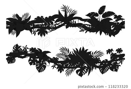 Jungle tropical forest liana branch silhouettes of tropical ivy vine, vector icons. Tropical rainforest jungle liana leaves and creeper bindweed tree with climbing tendrils silhouette for frame border Jungle tropical forest liana branch silhouettes of tropical ivy vine, vector icons. Tropical rainforest jungle liana leaves and creeper bindweed tree with climbing tendrils silhouette for frame border 118233320