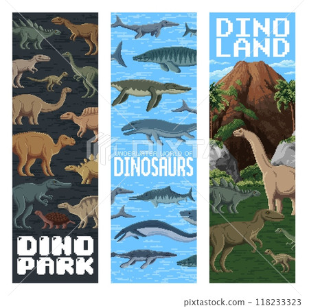 8 bit pixel dinosaurs park banners. Dino world vector vertical cards with reptile animal species in retro gaming style. Jurassic park ancient terrestrial or underwater creatures in natural environment 118233323