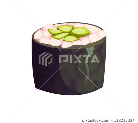 Cartoon kappamaki japanese sushi, roll with bright green cucumber slices, neatly wrapped in rice and seaweed. Isolated vector healthy and traditional Japan food, traditional Asian restaurant meal Cartoon kappamaki japanese sushi, roll with bright green cucumber slices, neatly wrapped in rice and seaweed. Isolated vector healthy and traditional Japan food, traditional Asian restaurant meal 118233324