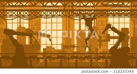 Robot conveyor, machinery industry factory vector background. Production line silhouette of conveyor belt and assembly machines. Automated manufacturing plant interior with equipment and robot arms 118233348