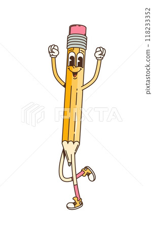 Cartoon retro groovy pencil character. Isolated vector cheerful stationery with sneakers and expressive eyes, raised arms up in excitement. educational, creative and playful personage for children 118233352