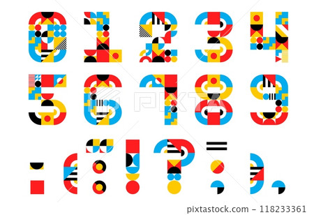 Abstract geometric numbers font, punctuation marks of modern type vector typography. Color geometry numbers and symbols typeface with creative geometric pattern of circle, square and triangle shapes 118233361