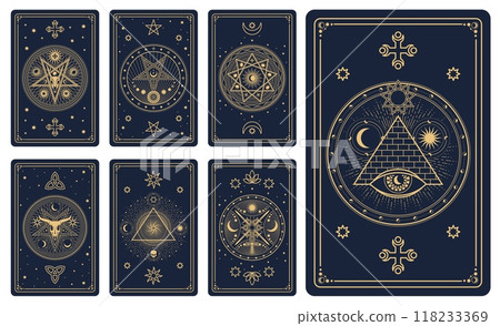 Magic tarot cards with mystic signs and esoteric occult symbols, vector deck backgrounds. Tarot cards reverse with golden frames and magic signs of sun, moon and stars with Satan skull and pentacle 118233369