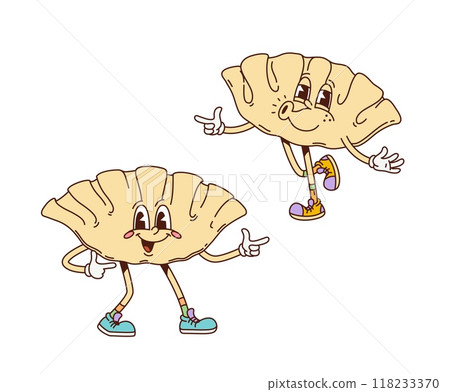 Cartoon retro groovy gyoza dumplings characters with happy funny face, vector funky food. Groovy gyoza dumplings whistling with silly smile on face for Japanese Asian cuisine food cartoon characters 118233370