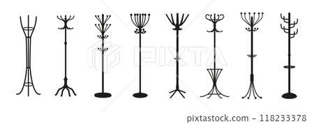 Coat hanger and hats racks with hooks for dress garments, vector silhouette icons. Rack hangers of different shapes for hats and coats with hooks and umbrella compartment for home wardrobe storage 118233378