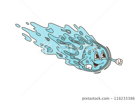 Cartoon groovy space asteroid or comet character with funky funny face, vector retro comic art. Groovy asteroid or galaxy meteor with ice tail and punch fist flying to planet with happy smile on face 118233386