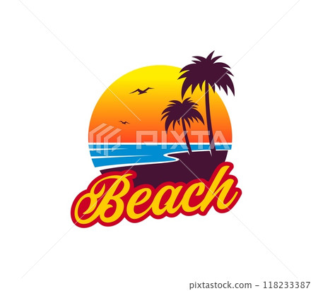 Summer tropical sunrise with palm trees and island beach, vector icon for vacation travel. Sea or ocean beach icon of seashore, palms and seagulls in sunset sky for paradise island or resort hotel Summer tropical sunrise with palm trees and island beach, vector icon for vacation travel. Sea or ocean beach icon of seashore, palms and seagulls in sunset sky for paradise island or resort hotel 118233387