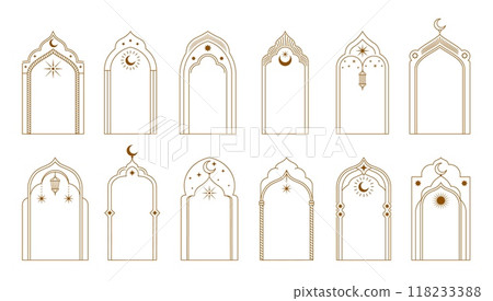 Ramadan arabian boho arch, muslim frames with islam minimal pattern borders of vector line Eid Mubarak lanterns, stars and moon crescents. Muslim mosque window and door gold frames, ramadan arches set Ramadan arabian boho arch, muslim frames with islam minimal pattern borders of vector line Eid Mubarak lanterns, stars and moon crescents. Muslim mosque window and door gold frames, ramadan arches set 118233388