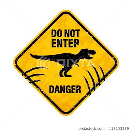 T Rex dinosaur warning sign with claw scratch marks, danger zone caution vector banner. T-Rex tyrannosaurus danger area yellow warning signboard with dinosaur silhouette and claw scratch fissures 118233389