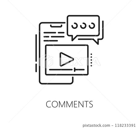 Comments, blogging line icon, social media and multimedia content. Isolated vector linear sign, features speech bubble, mobile phone screen and video symbol, representing web interaction or discussion 118233391