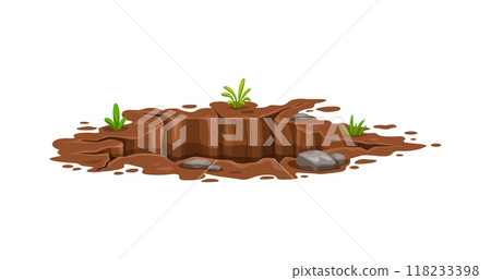Ground hole or deep dirty pit burrow in earth, vector cartoon dig crack in soil. Hole on ground or underground gap pit with mud and water, stones and grass in garden land, groundhog or mole burrow 118233398