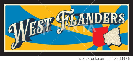 West Flanders Belgium region Belgian travel plate and sticker, vector. Belgium city luggage tag with Belgian heraldic symbol and territory map sign, tourist destination tin sign West Flanders Belgium region Belgian travel plate and sticker, vector. Belgium city luggage tag with Belgian heraldic symbol and territory map sign, tourist destination tin sign 118233426
