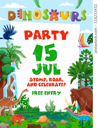 Prehistoric dinosaurs on kids party flyer with cartoon dino characters, vector invitation poster. Kids birthday party and child family entertainment event flyer with funny dinosaurs from Jurassic park 118233432