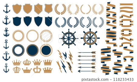 Marine navy heraldic elements. Vector ship anchors, nautical wheels and helms, vintage shields, laurel wreaths and round seal frame borders. Heraldry ribbon banners, crowns, arrows and lightning bolts 118233433