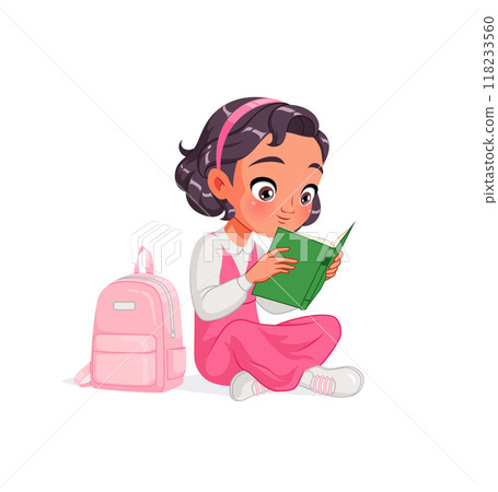 Cute little Arab girl in school uniform reading book sitting on the floor. Cartoon vector illustration. Cute little Arab girl in school uniform reading book sitting on the floor. Cartoon vector illustration. 118233560