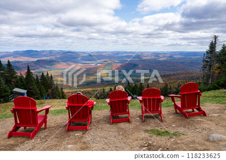 People enjoying the autumn scenery from the top of the Mont Tremblant Ski Resort. Lake Tremblant. Mont-Tremblant, Quebec, Canada. People enjoying the autumn scenery from the top of the Mont Tremblant Ski Resort. Lake Tremblant. Mont-Tremblant, Quebec, Canada. 118233625