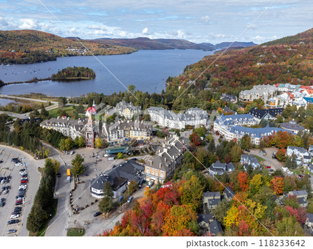 Aerial view of Mont Tremblant Ski Resort Village. Autumn scenery of mountains and lake. Mont-Tremblant National Park, Quebec, Canada. 118233642