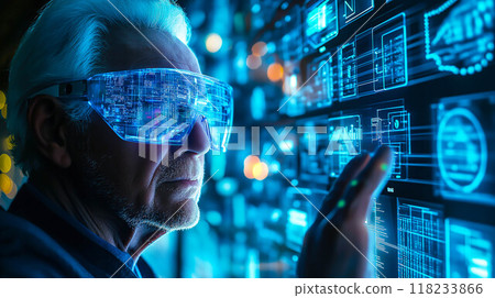 An elderly man engages with futuristic technology. The concept of how technology bridges generational gaps and enhances accessibility for all ages. Generative AI. 118233866